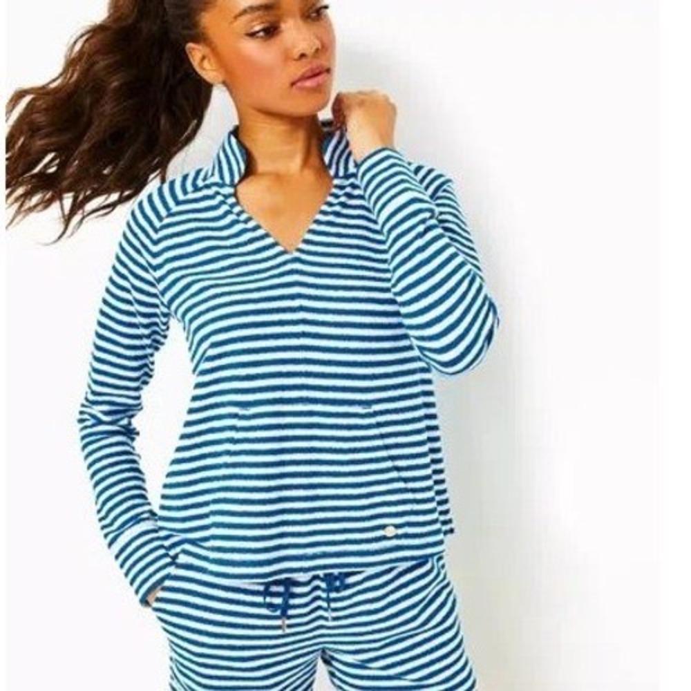 NEW Lilly Pulitzer Cassi Terry Popover Barton Blue St Tropez Stripe Sz S Coastal